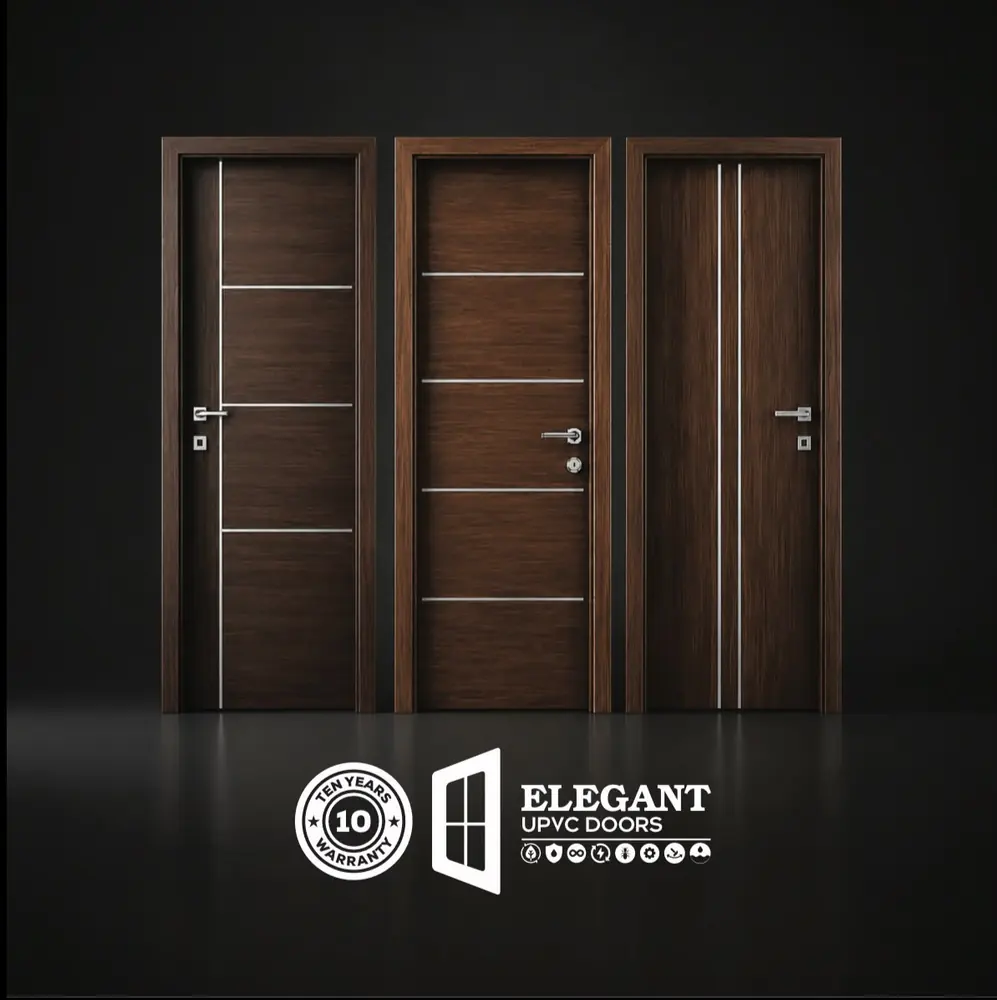 Three dark-wood Foxone uPVC doors: one with horizontal panels, one with horizontal grooves, and one with two vertical grooves