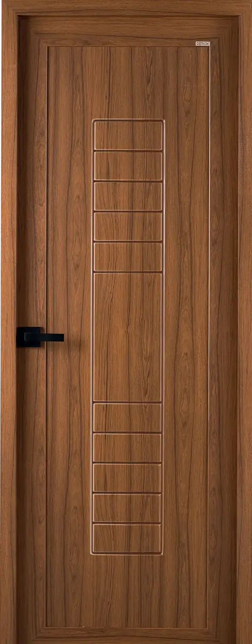 Foxone uPVC door in a reddish-brown wood grain, with a tall centre panel of horizontal grooves